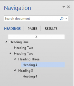 The navigation pane shows an easy to understand view of the hierarchical relationship between headings and subheadings