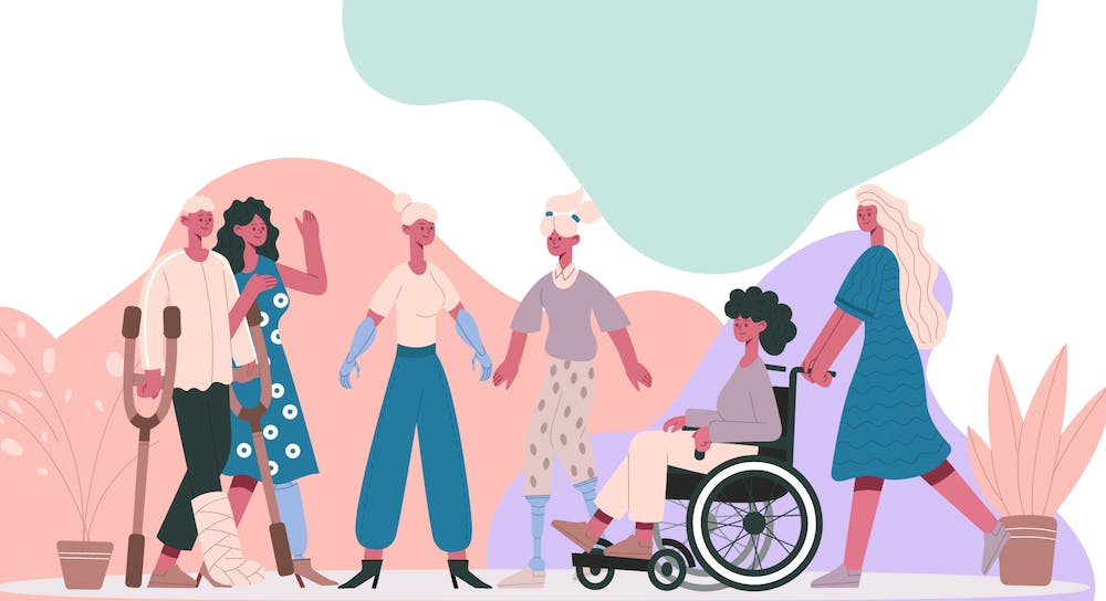 stylized depiction of people with various physical disabilities interacting