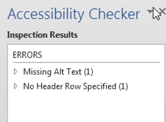 The accessibility checker inspection results list in Word 2013. It lists 2 errors, "missing alt text", and "no header row specified"