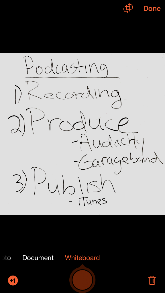 black text on a white background reads the text readings "Podcasting: 1) Recordings, 2) Produce - Audacity - Garageband, 3) Publish - iTunes
