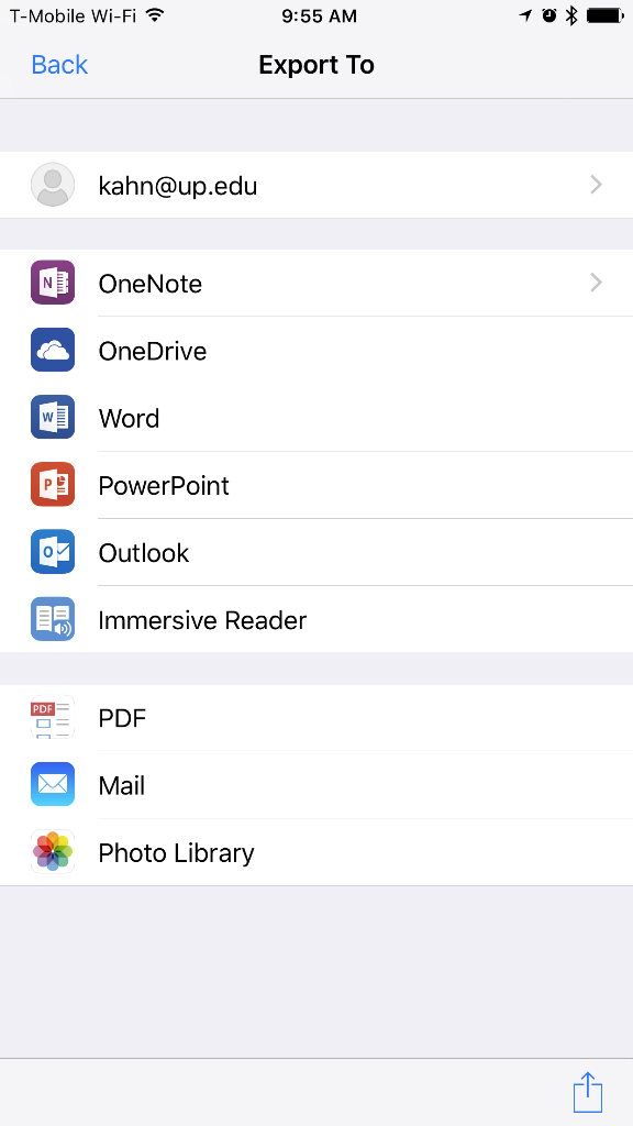 An i O S share sheet with the options to choose OneNote, OneDrive, Word, PowerPoint, Outlook, Immersive Reader, PDF, Mail or Photo ibrary