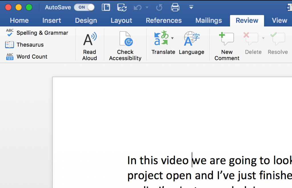 Microsoft Word with the Review tab exapnded - Read Aloud, Check Accessibility, and Translator tools are visible