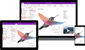 a tablet, laptop, and phone all showing the same onenote document