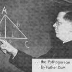 Father George Dum demonstrates the Phythagorean theorem.