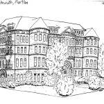 Sketch drawing of West Hall by Martha Waschsmuth.