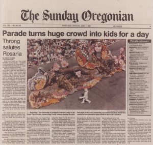 Oregonian newspaper article titled Parade turns huge crowd into kids for a day.