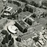 Overhead Aerial view of Buckley Center under construction. Waldschmidt Hall, Christie Hall, Kenna Hall and Howard Hall in the background.