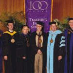 Group of faculty members and administrators wearing academic regalia.