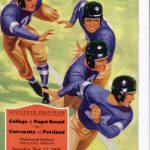 Football program cover with four football players, one carrying the football. Souvenir Program. College of Puget Sound vs. University of Portland. Multnomah Stadium Portland, Oregon, Saturday, Nov. 12, 1938.