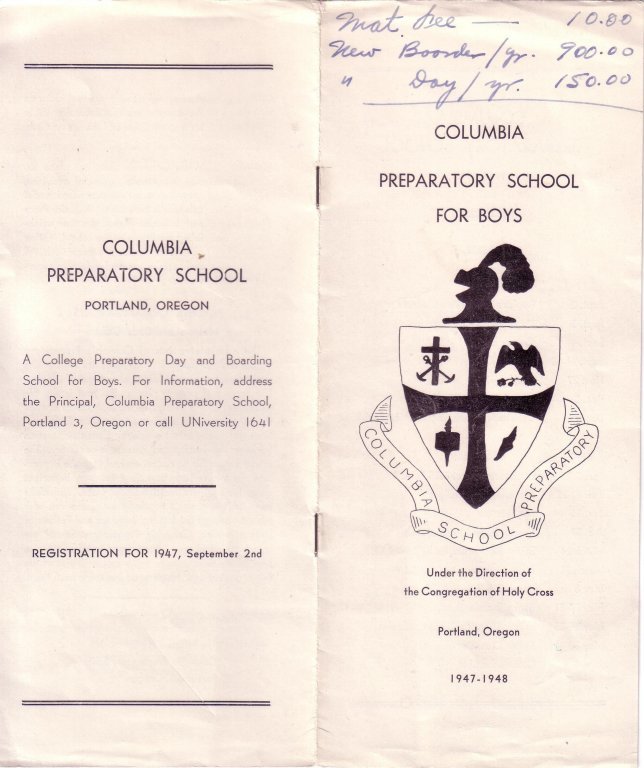 Front and back cover of the brochure for Columbia Preparatory School for Boys.