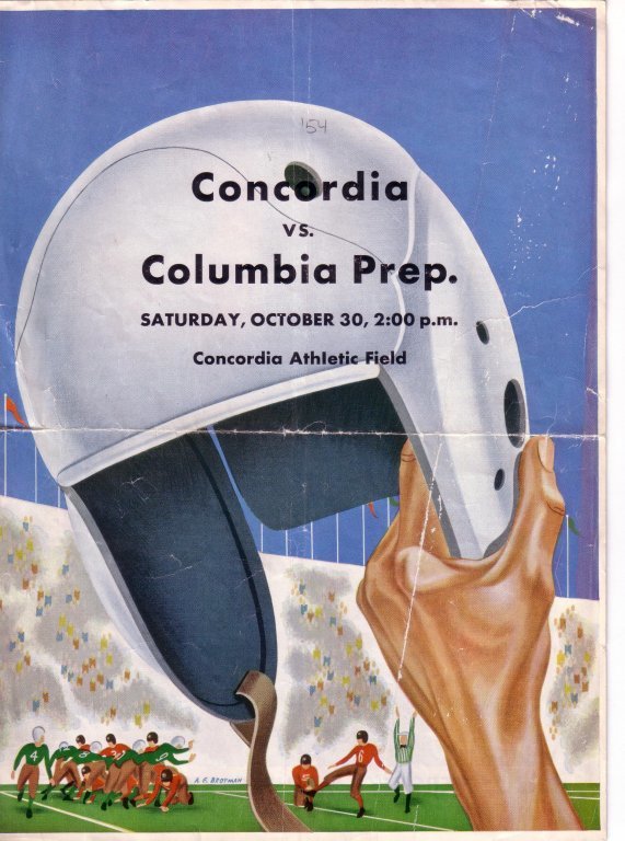 Cover of a football program for Concordia versus Columbia Preparatory School Saturday October 30, 1954.