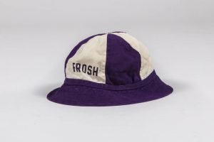 purple and white panel beanie cap