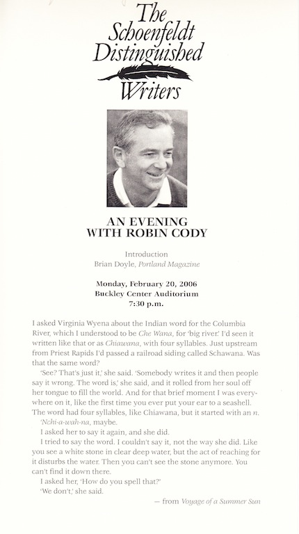 Schoenfeldt Distinguished Writers Series, An Evening with Robin Cody