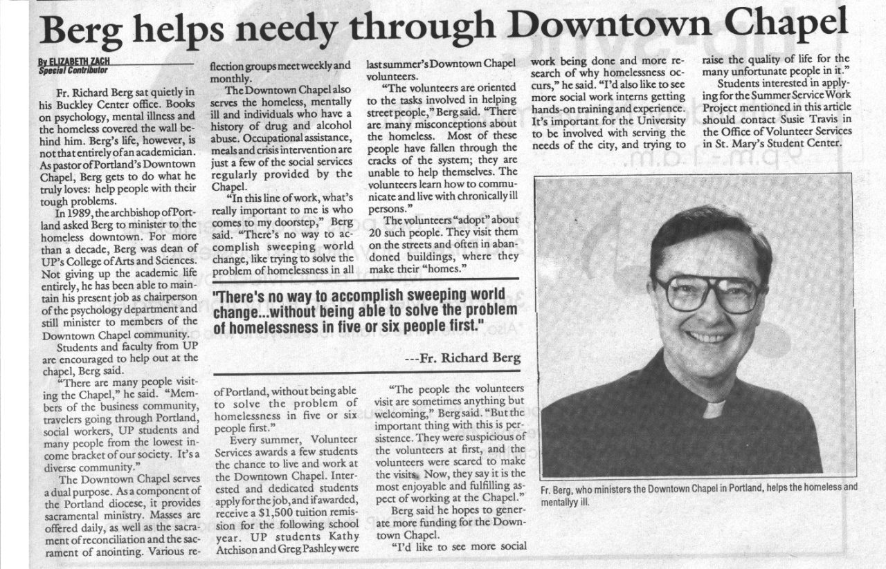 Newspaper article: Berg helps needy through Downtown Chapel.