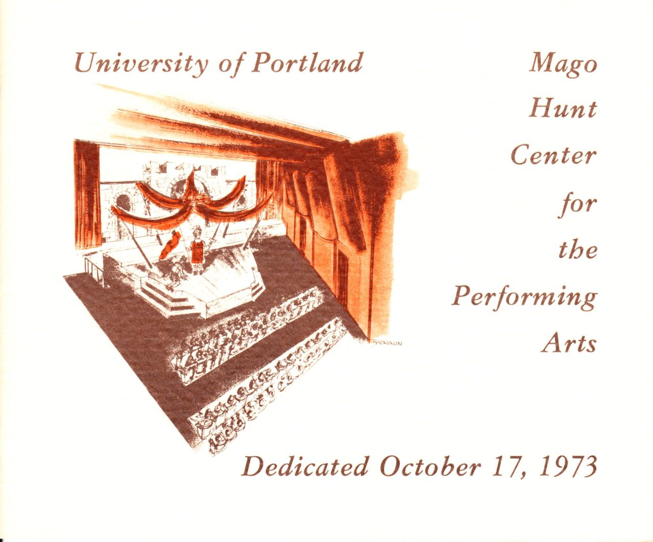 Booklet cover for the Mago Hunt Center Dedication, October 17, 1973. Drawing of a stage with an audience.