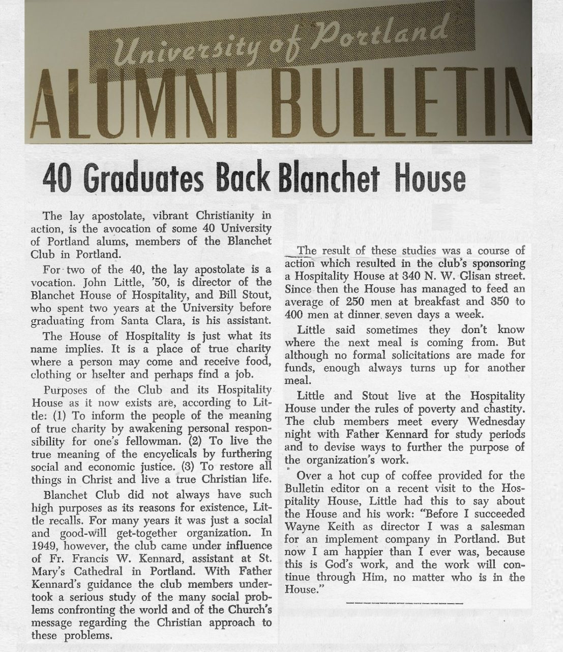 University of Portland Alumni Bulletin. Forty Graduates Back Blanchet House.
