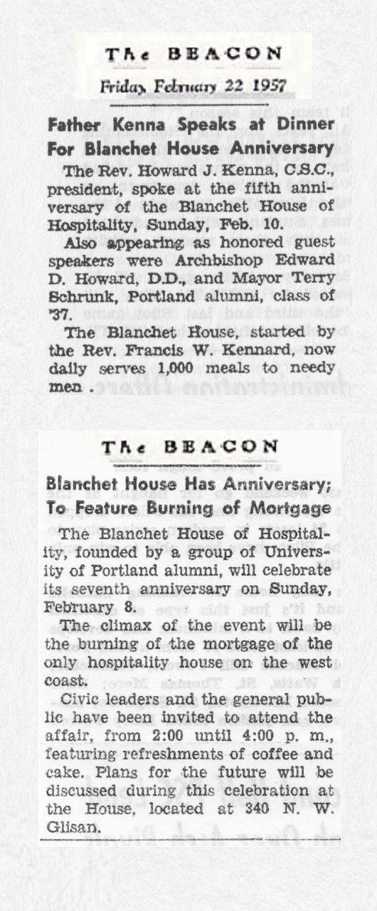 Beacon newspaper articles on the fifth and seventh anniversaries of Blanchet House.