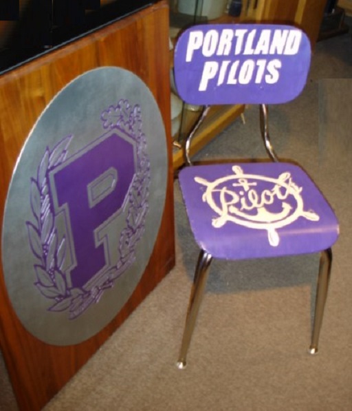 P logo plaque and Portland Pilots Pilot Wheel logo chair.