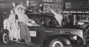 Homecoming Parade in downtown Portland, Bones driving, 1963 Log